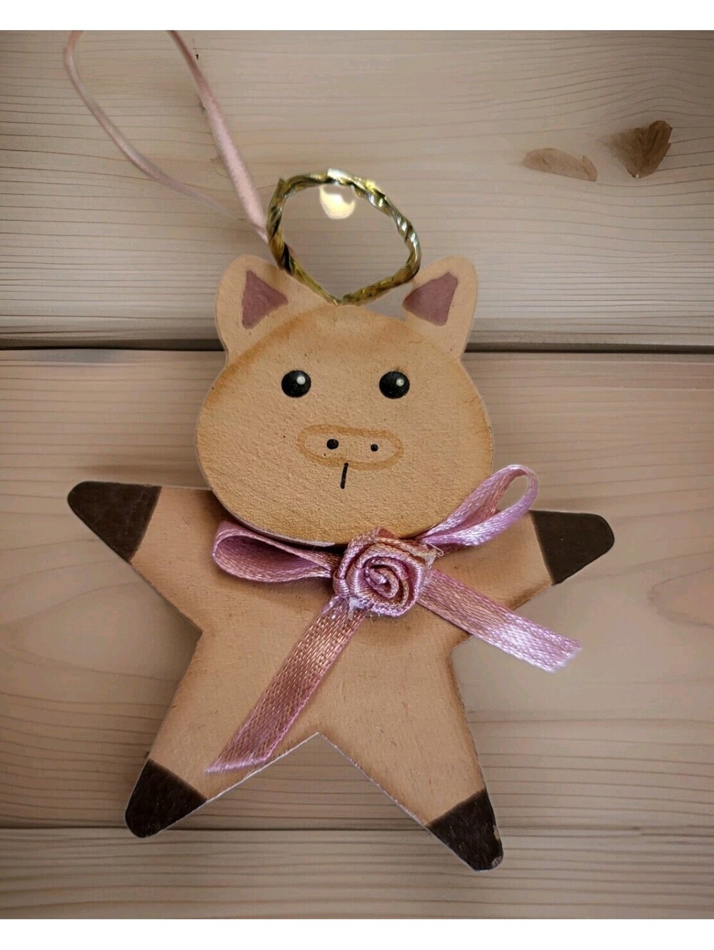 Vtg Country Pig Christmas Ornament Wood HandPainted Piggy Girl Angel EUC 2.5"A40